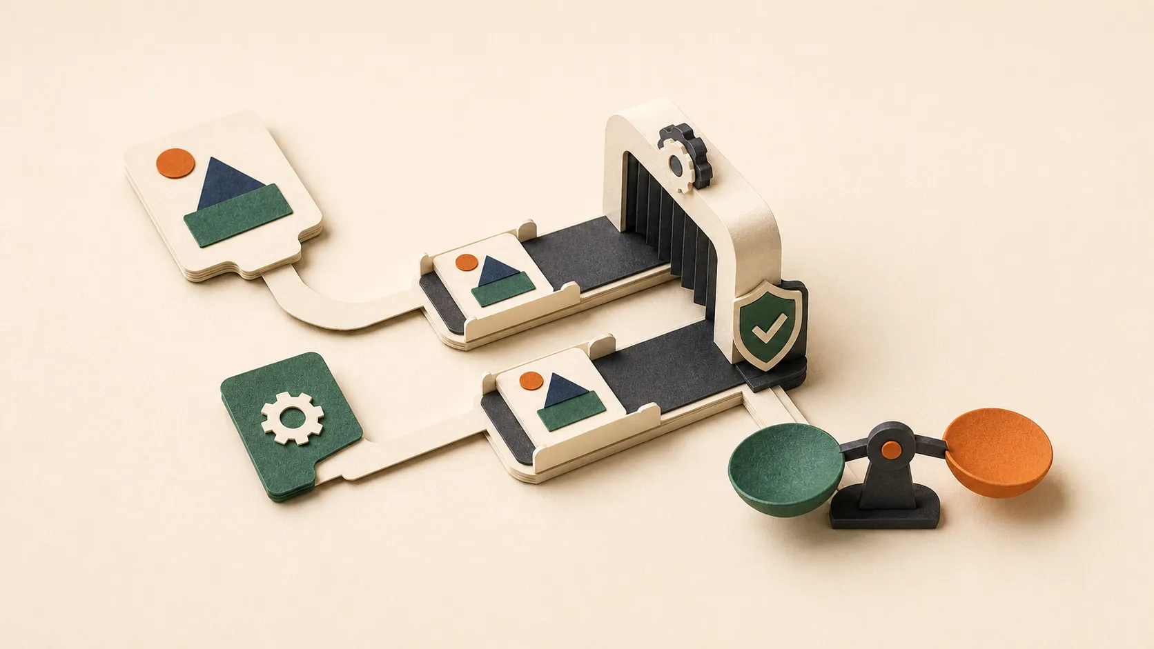 Hand-cut paper evaluation rig comparing two identical task lanes, one supplied with a reusable skill card