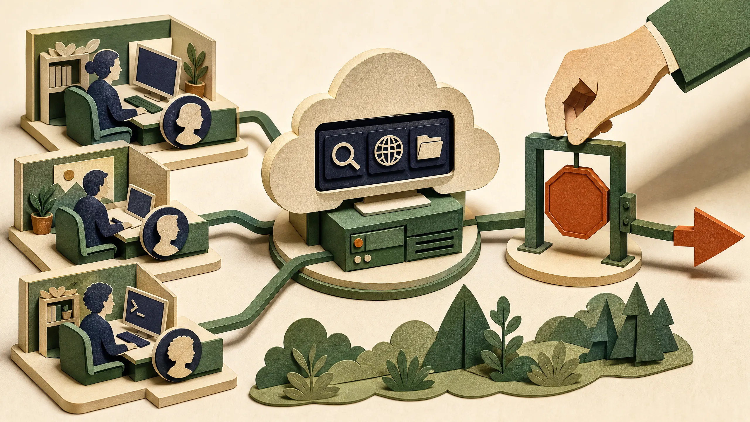 Paper diorama of three work roles sharing one cloud computer while a human holds an approval gate.
