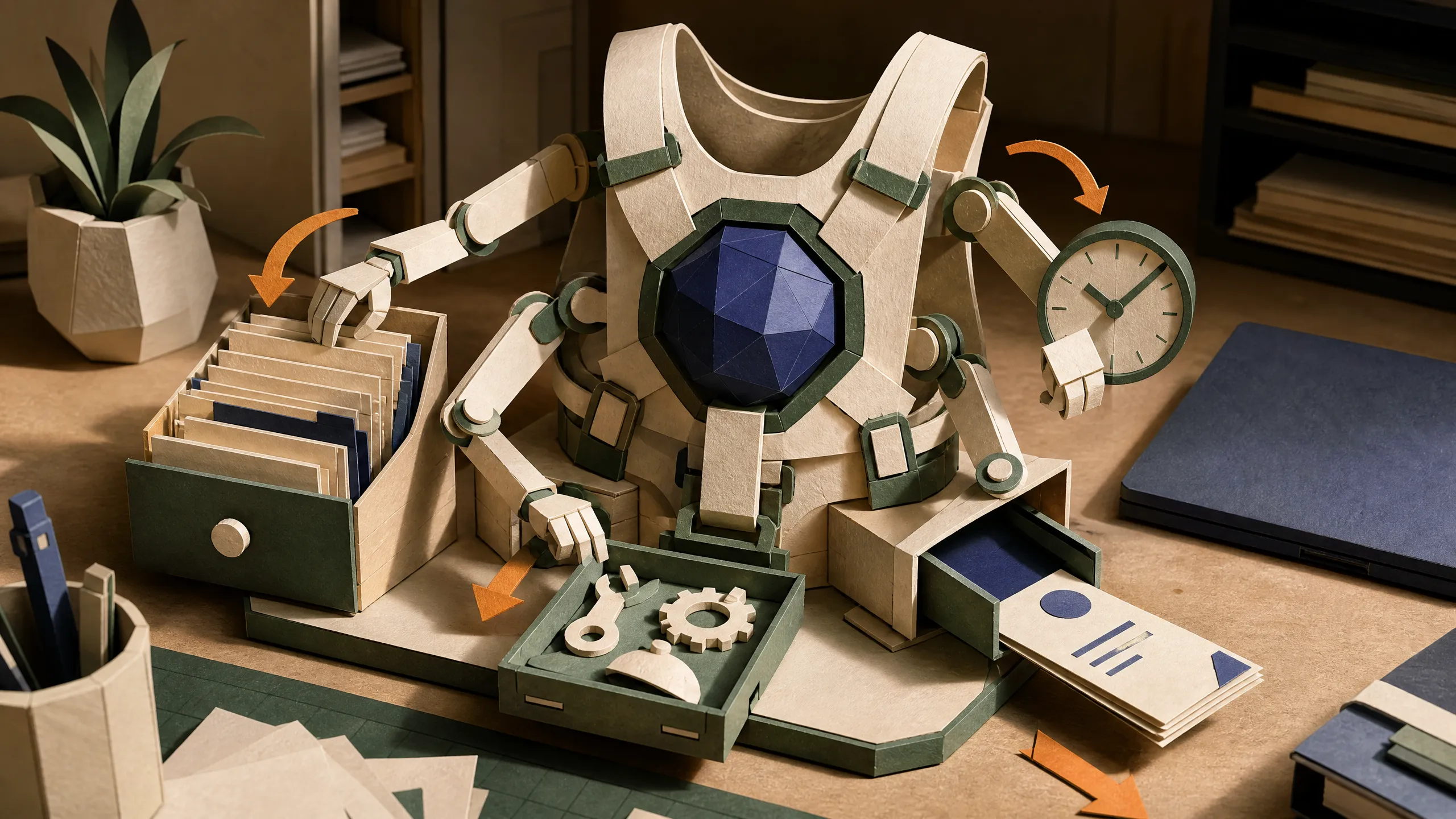 Hand-cut paper Hermes harness coordinating a model core, memory drawer, tool tray, clock, and delivered brief