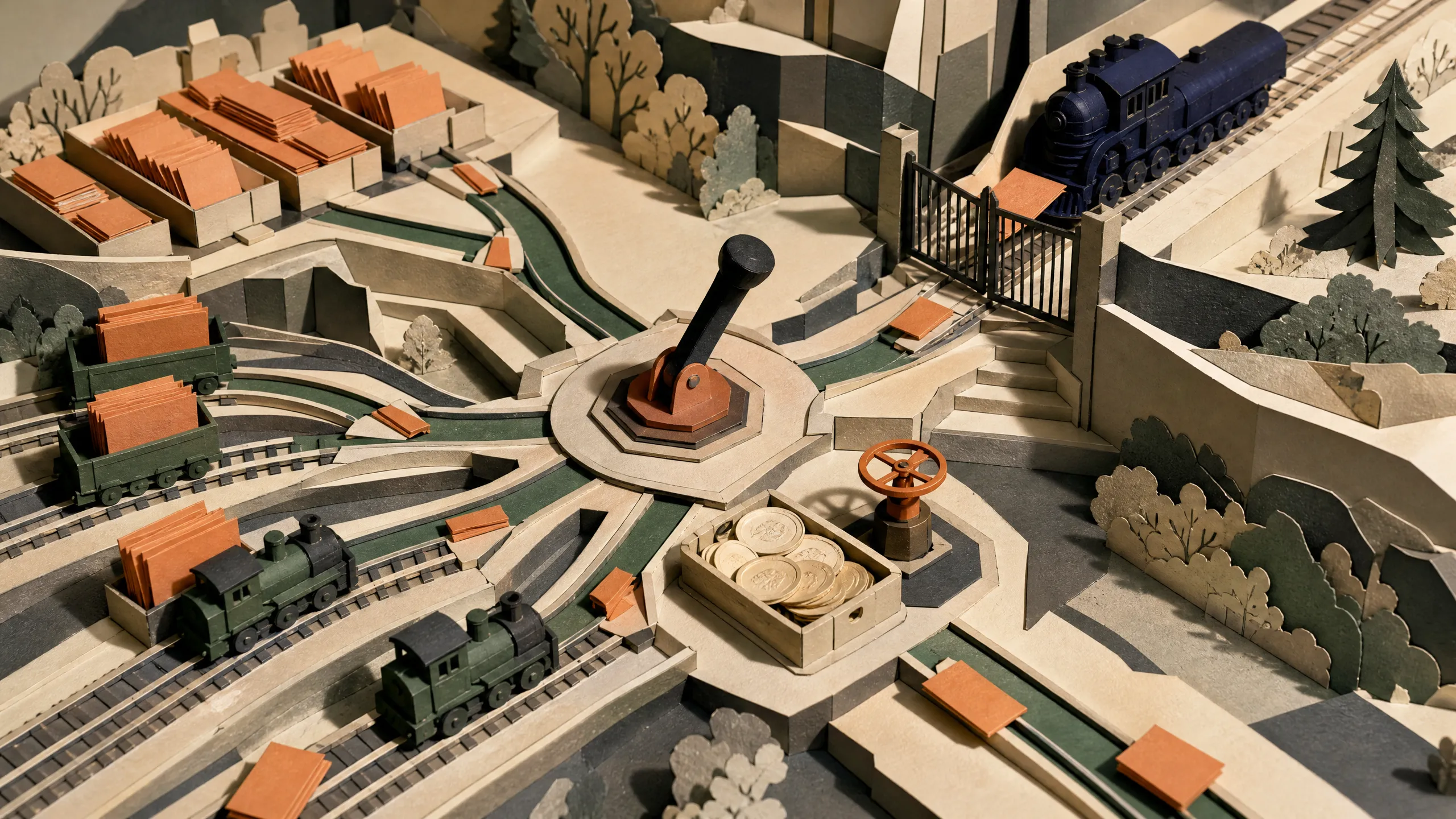 Hand-cut paper model-routing switchyard sending task cards to efficient engines under a capped coin meter