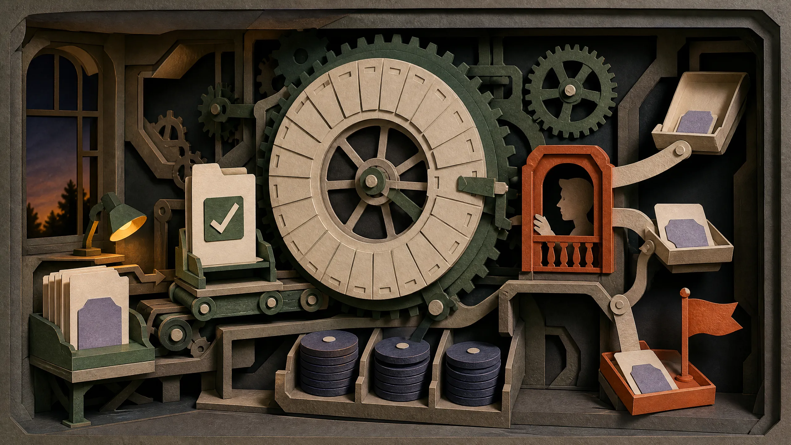 Paper clockwork calendar running a checked skill cartridge through history and approval gates.
