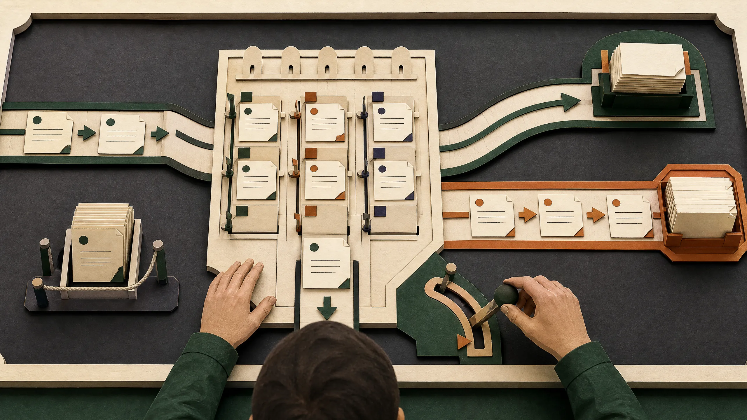 Hand-cut paper control desk splitting work into an independent lane, a waiting queue, and a redirected task