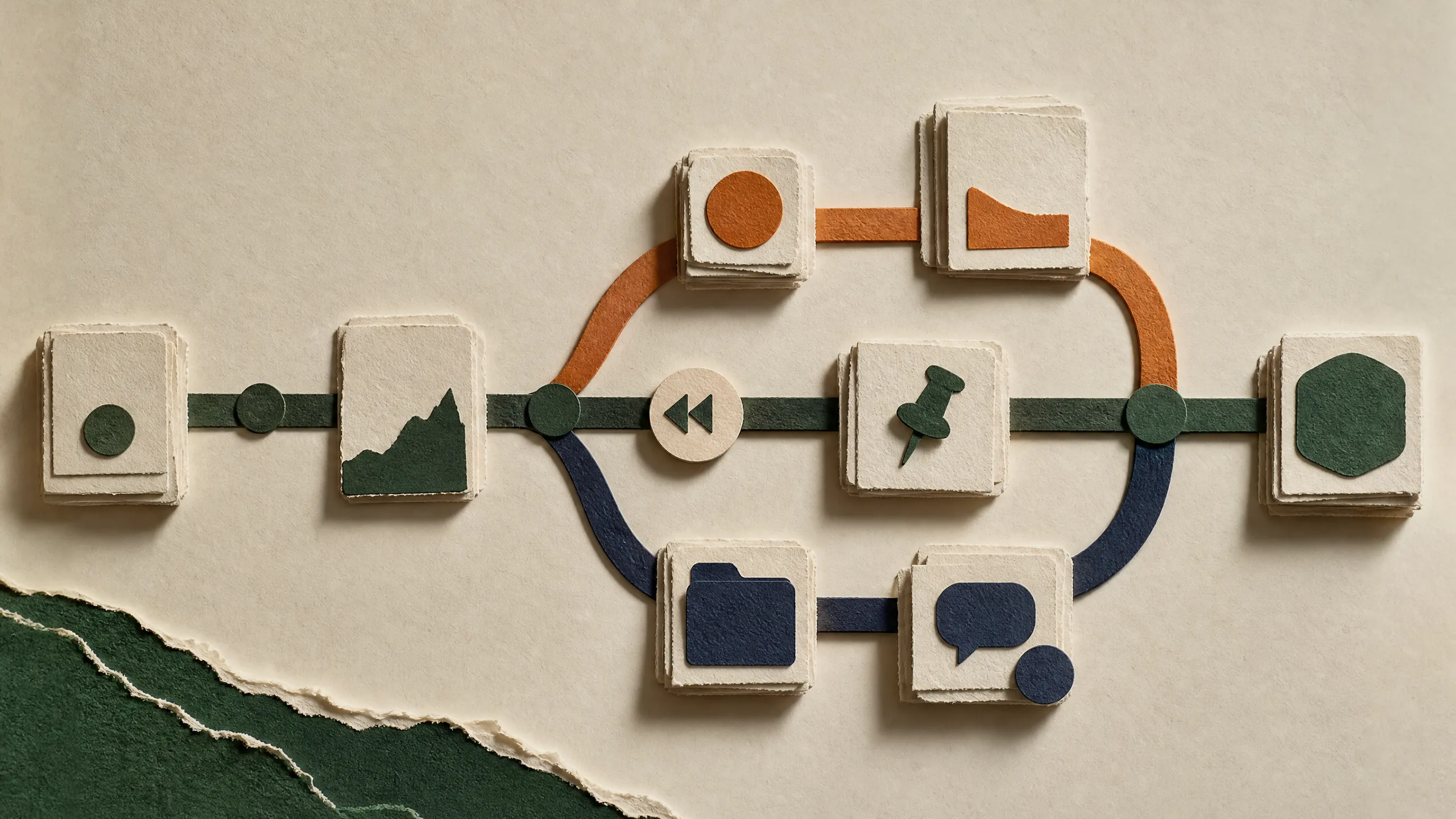 Hand-cut paper task cards, a pinpoint annotation, and keyboard keys guiding one project conversation back to a checked result.