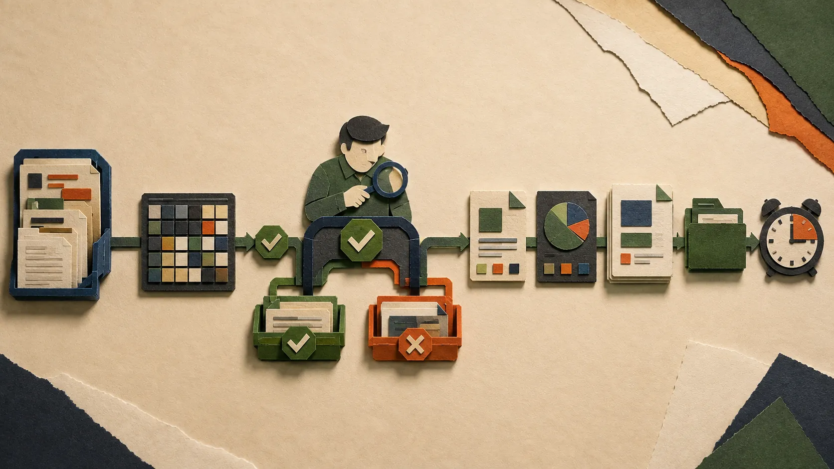 Paper source cards and raw data passing through human evidence checks into a brief, chart, slide deck, archive, and scheduled next run.