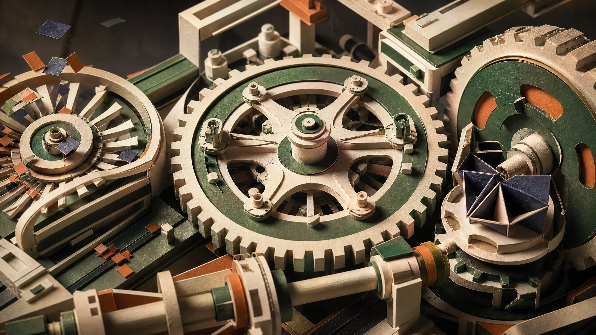 Three linked paper gears show a fast small model, balanced workhorse, and powerful slow model in one family.