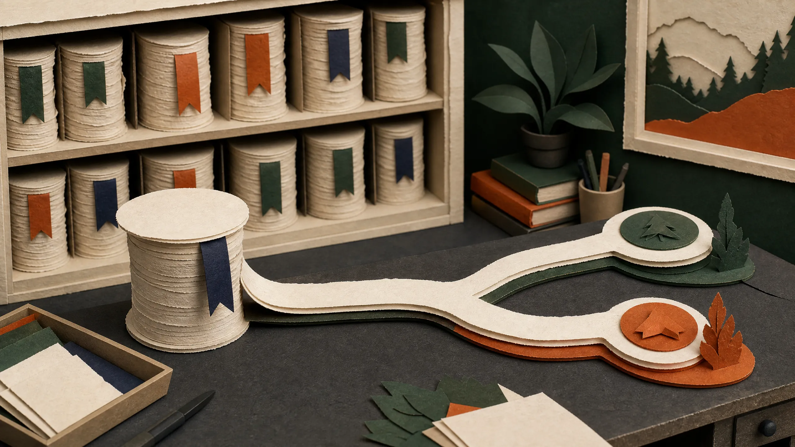 Hand-cut paper travel folder splitting into two independent planning paths linked to a common source