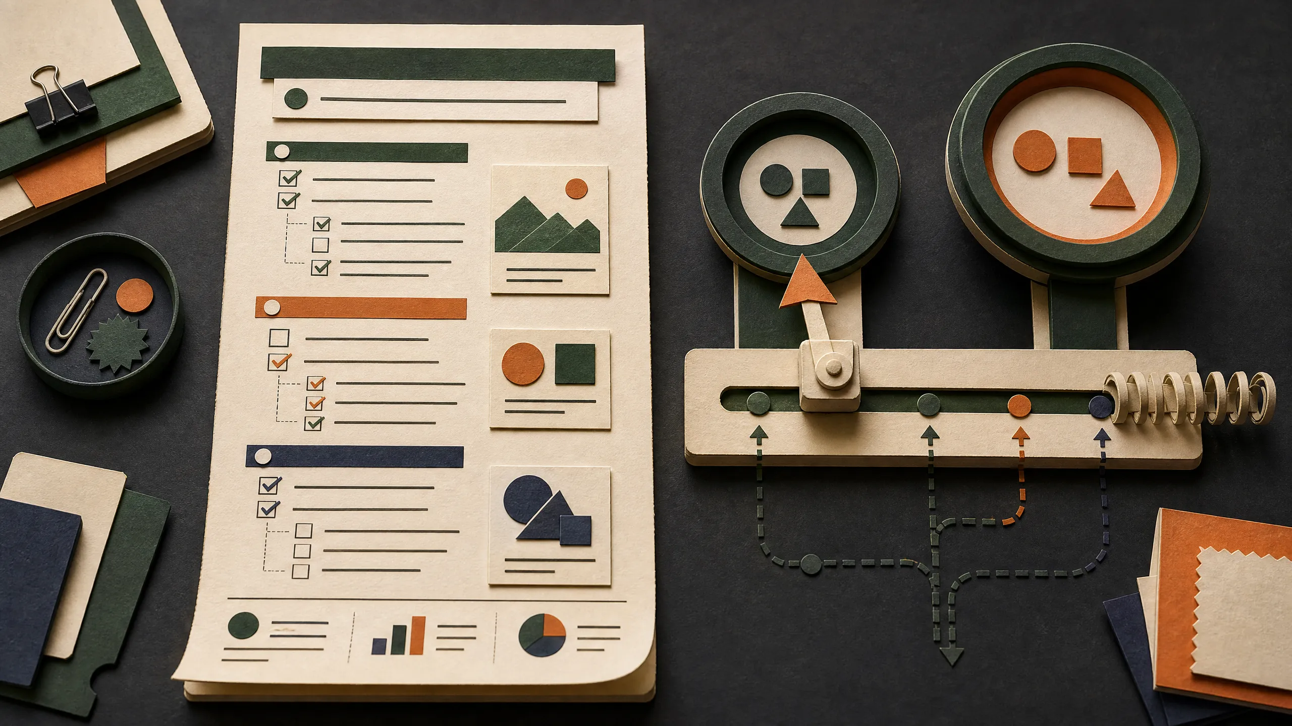 Hand-cut paper drafting desk routing a structured brief through model choices and a cost meter