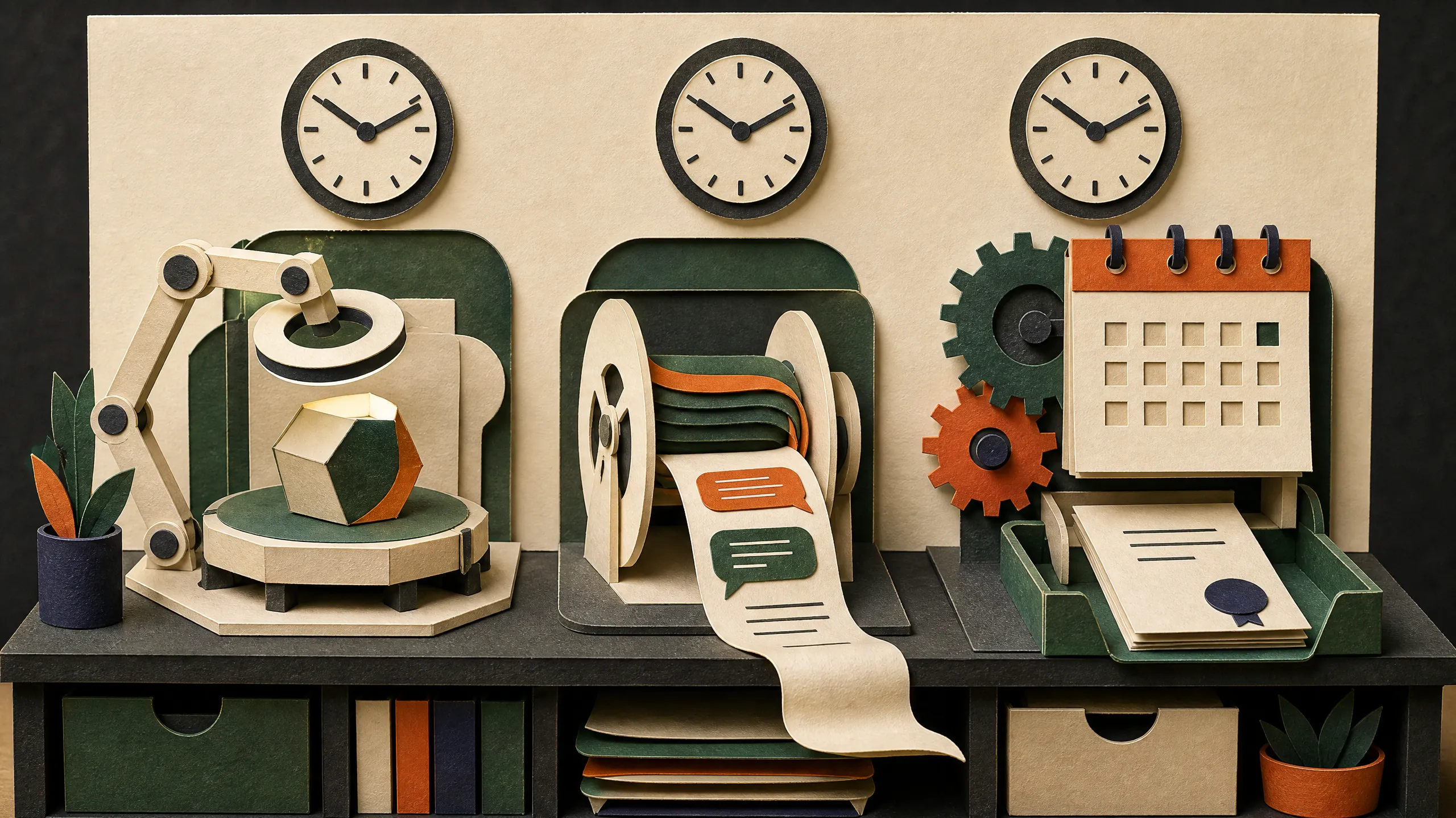 Hand-cut paper automation desk showing a repeating loop, an idle heartbeat, and a calendar-driven delivery machine