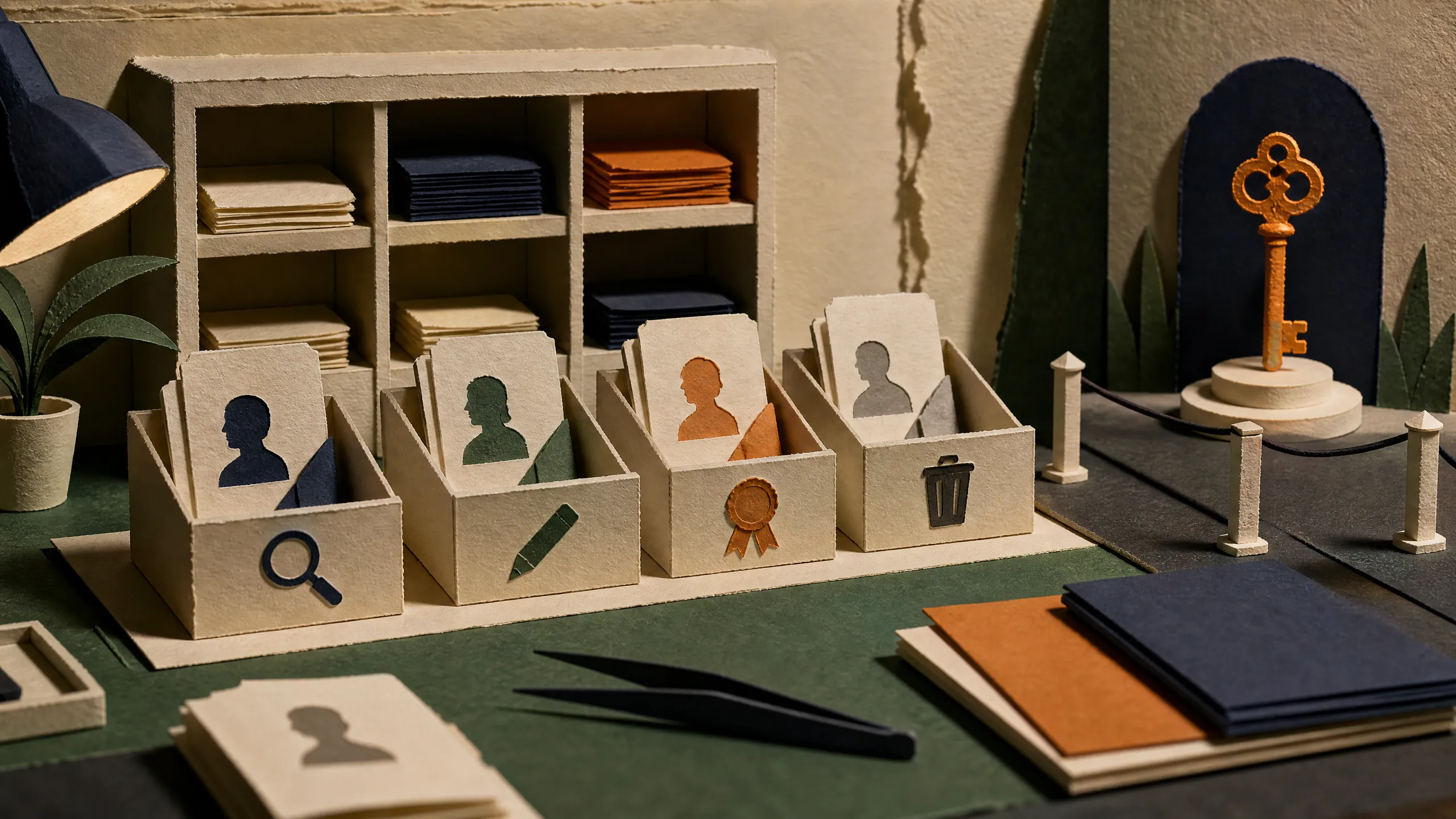 Hand-cut paper memory cards passing through review, test, correction, and deletion gates beside a project notebook.