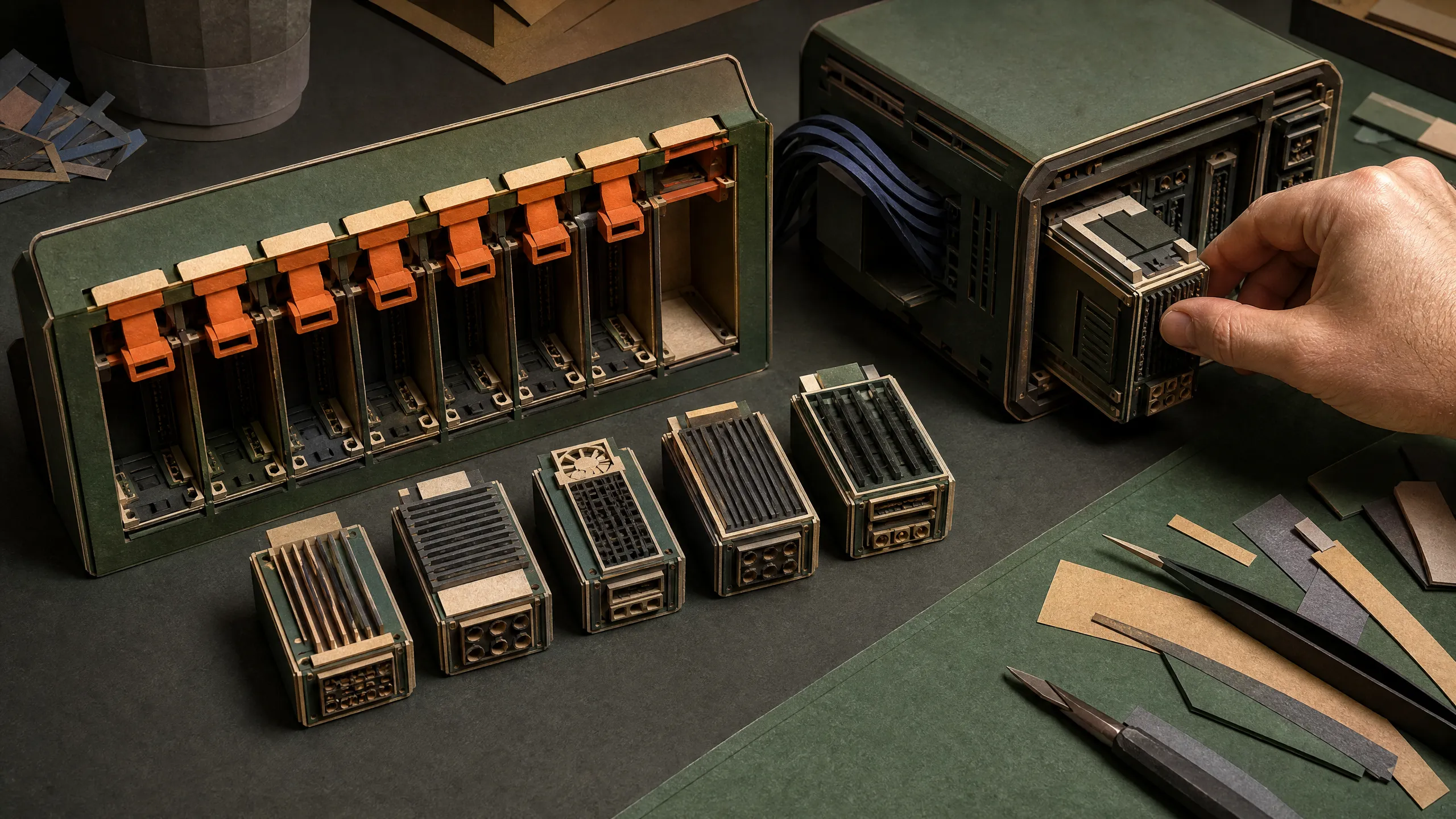 A hand installs one of six removable model-weight cartridges into a compact local computer.