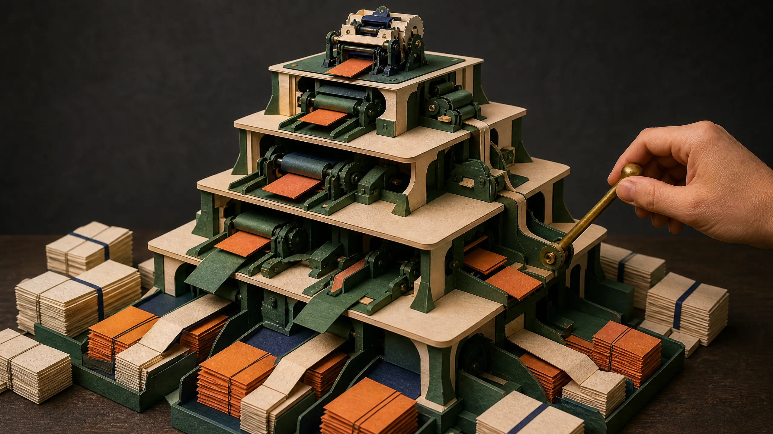 A hand routes paper task parcels through four stepped levels of a mechanical model-tier tower.