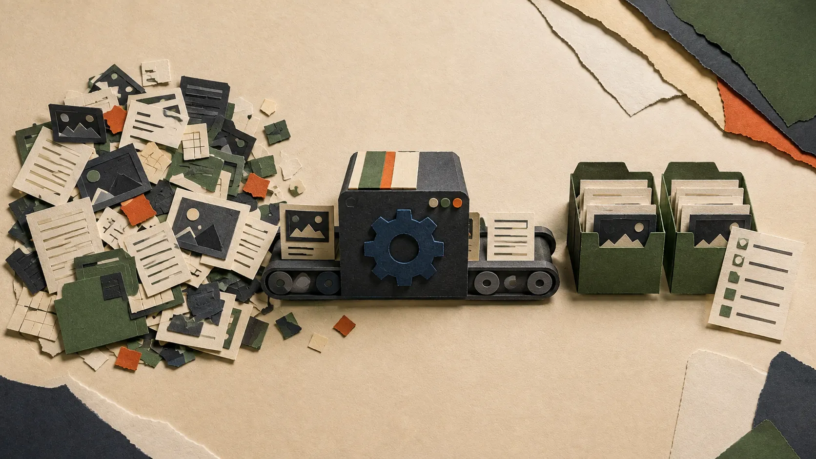 Paper file conveyor sorting a messy pile of copied documents and images into organised folders with a manifest sheet.