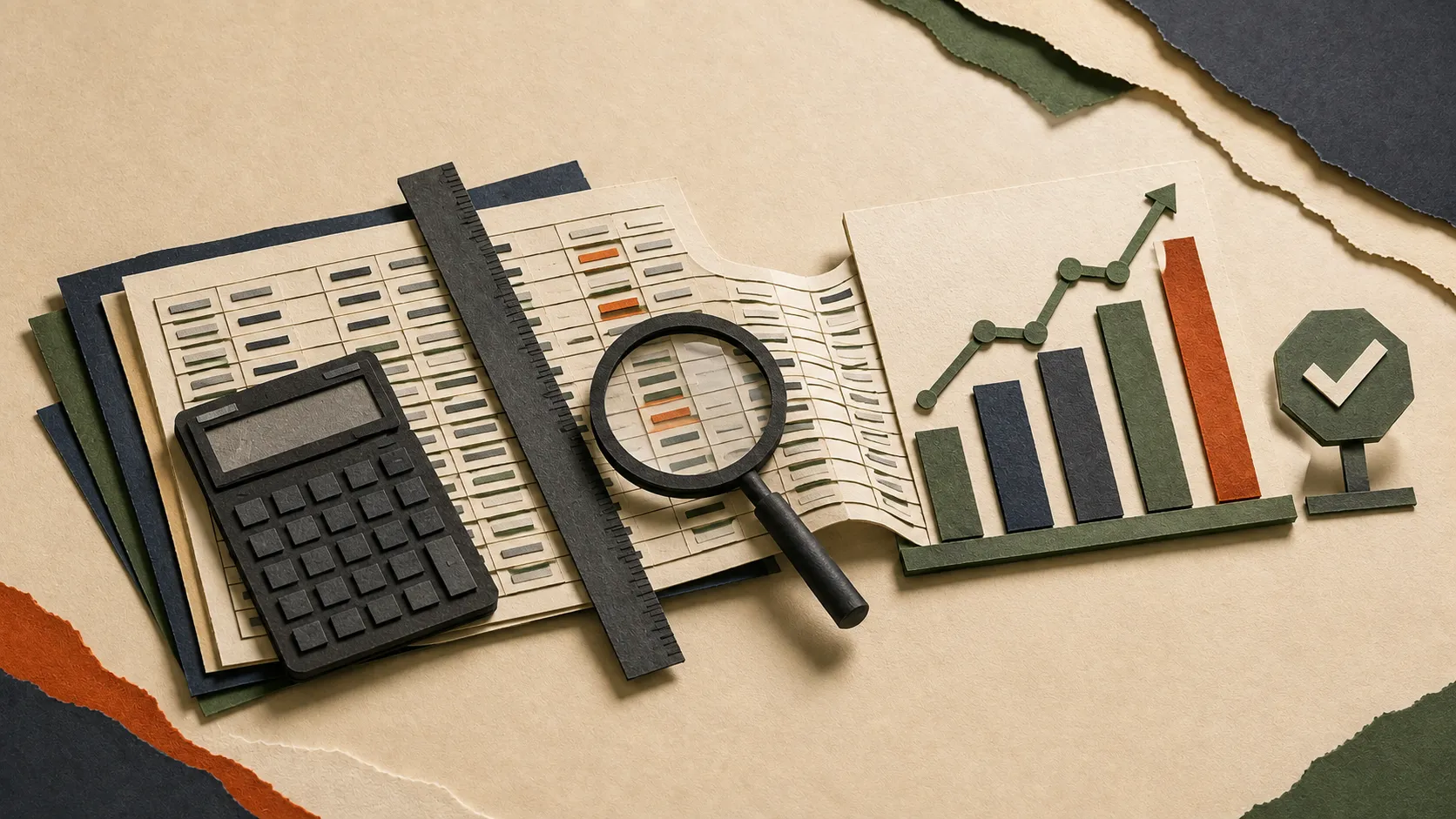 Paper spreadsheet rows checked with a ruler and magnifying glass before rising into a verified bar and line chart.