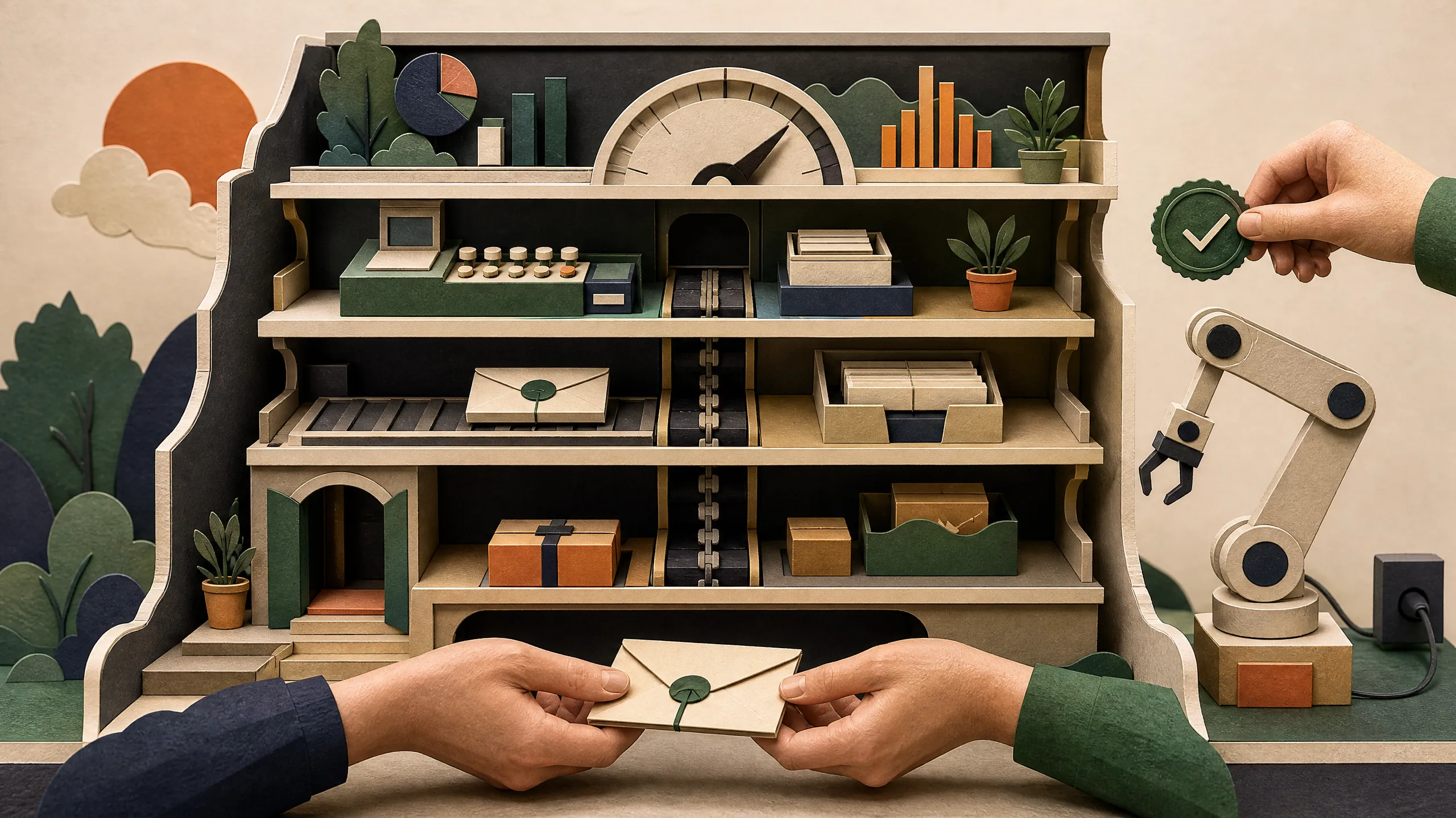 A manual customer delivery activates a layered small-business system while an automation arm waits for approval.