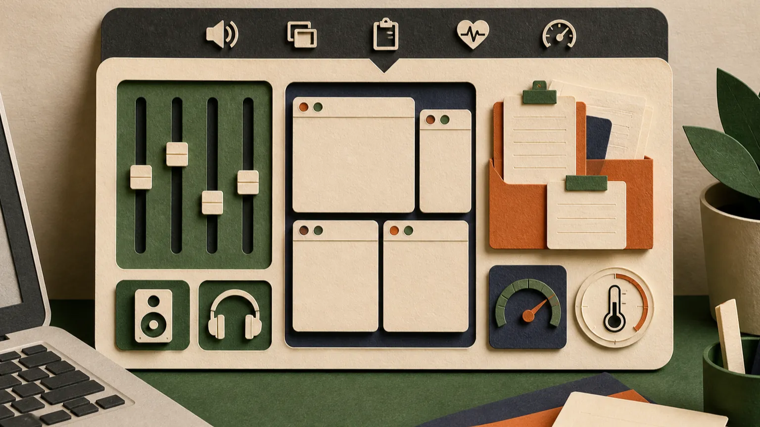 Hand-cut paper Mac utility tray combining mixer sliders, snapped windows, clipboard slips, and system health gauges.