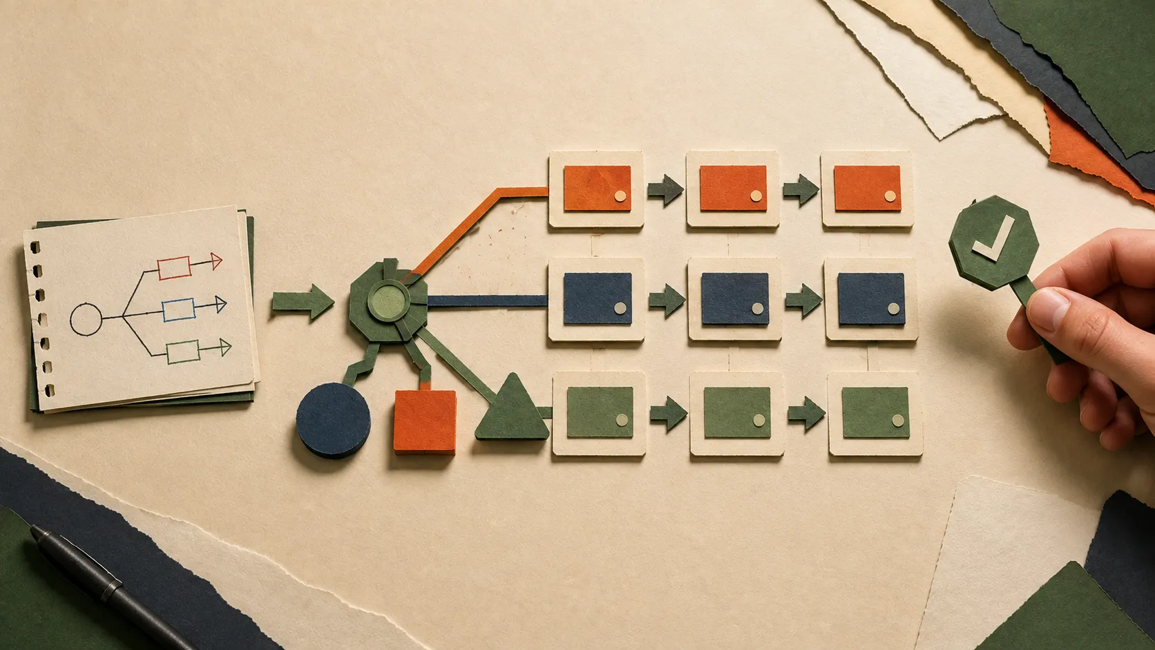 Paper practice folder bounded from an original document while a human approval tab controls the assistant's access to the copy.