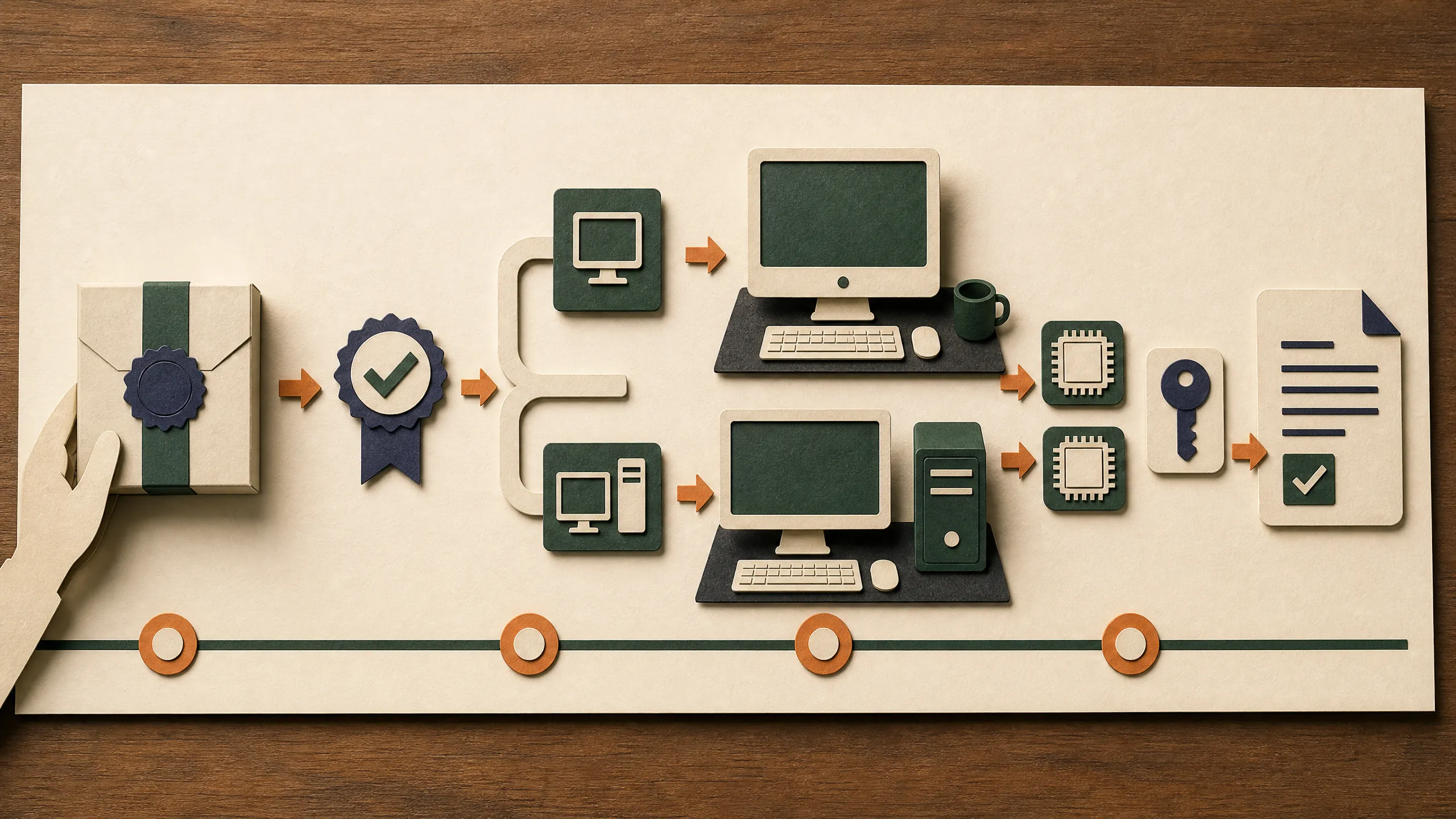 Paper diorama of a verified installer branching toward Mac and Windows computers and a first document test.