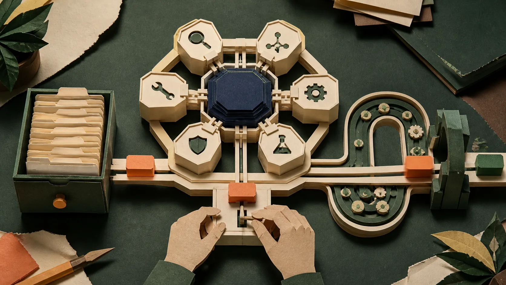 Hand-cut paper coding-agent harness routing a repository file through removable tool modules, a human approval switch, and a test loop