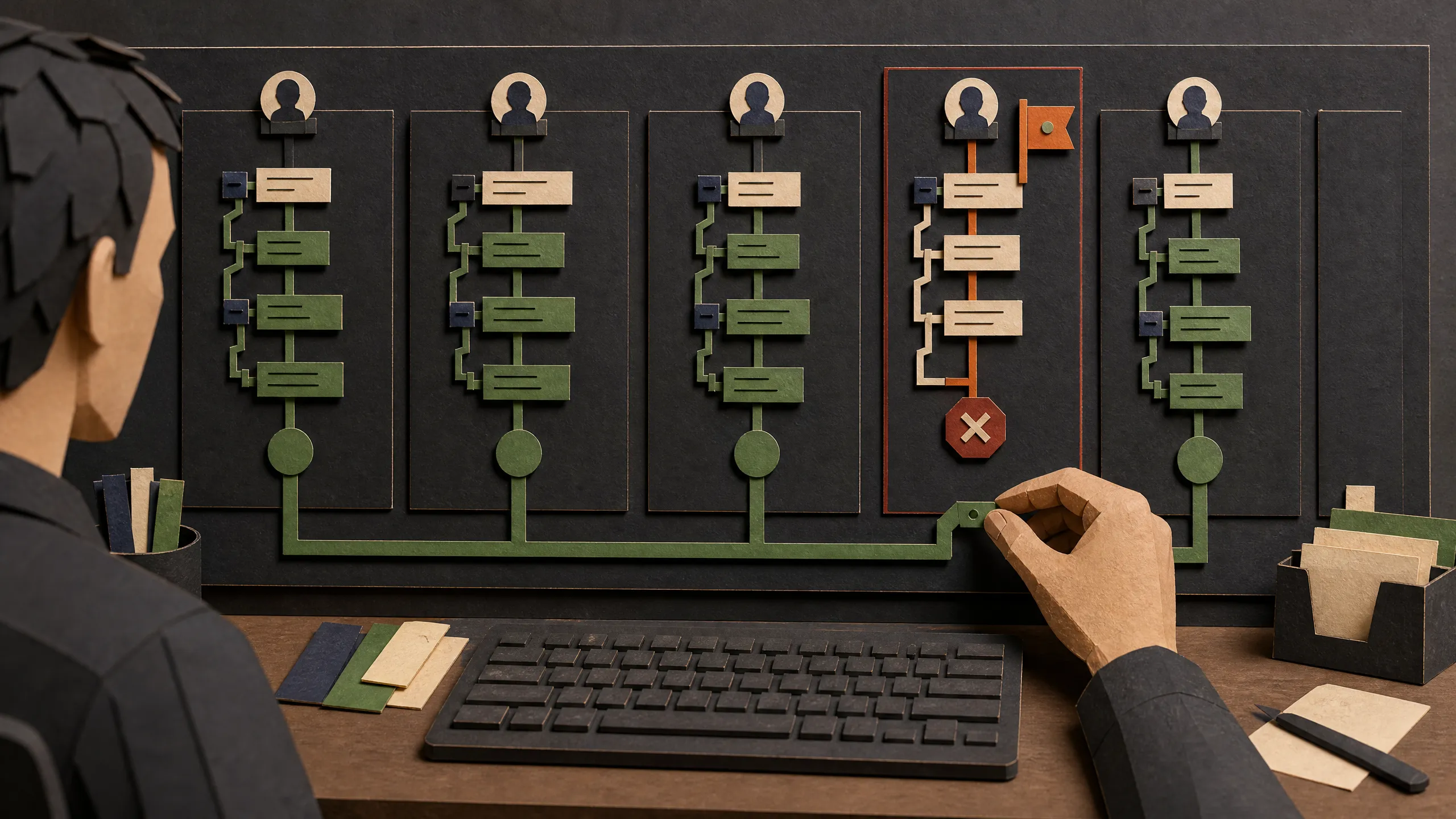 Hand-cut paper terminal operator monitoring five parallel agent lanes and reconnecting one blocked session to a shared completion rail
