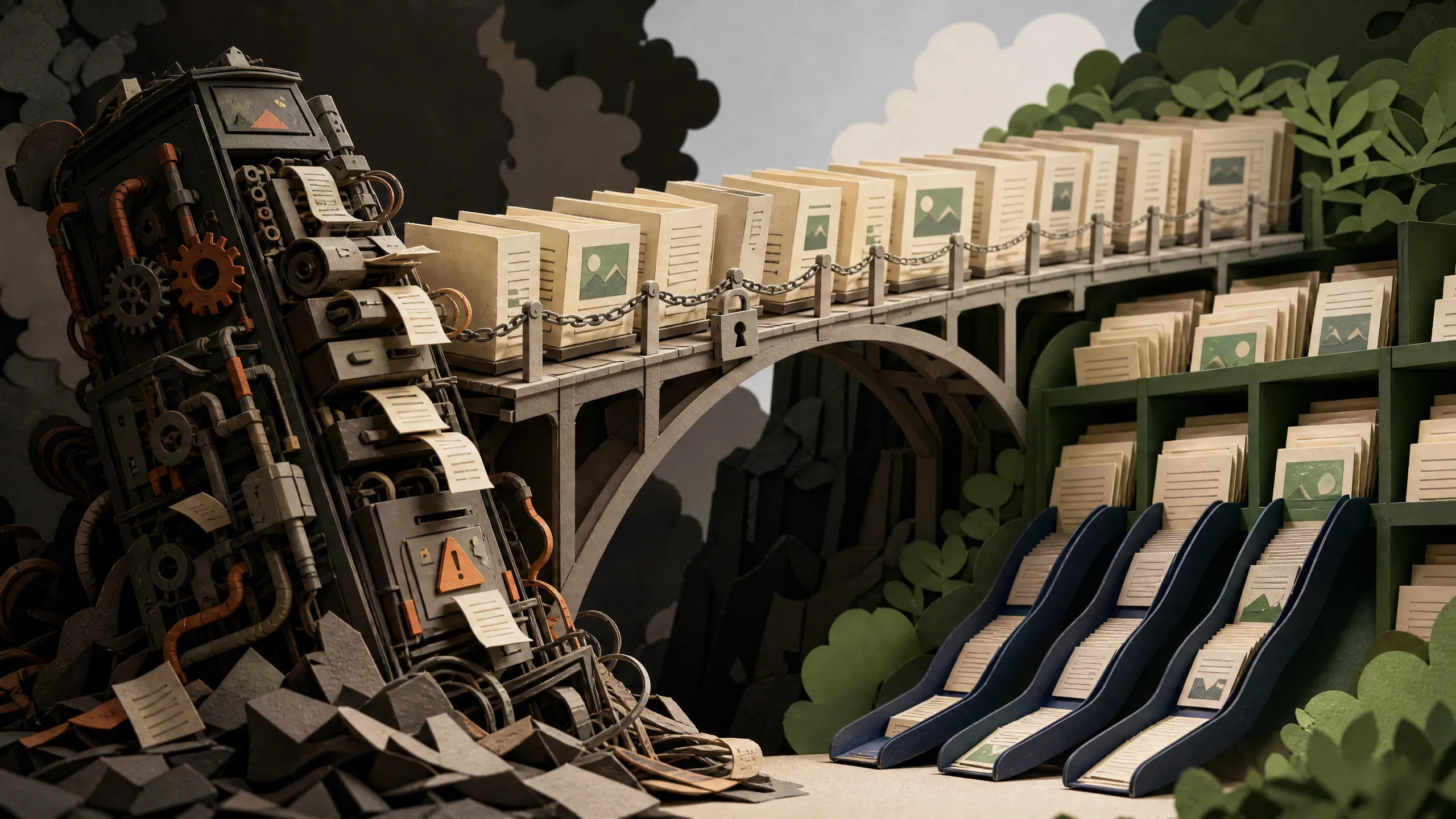 Hundreds of article cards cross a locked bridge from a tangled CMS machine into clean static page shelves.