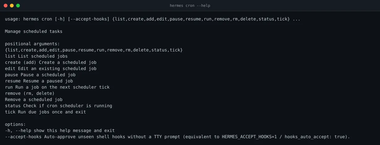Output of the hermes cron --help command showing the cron subcommand tree