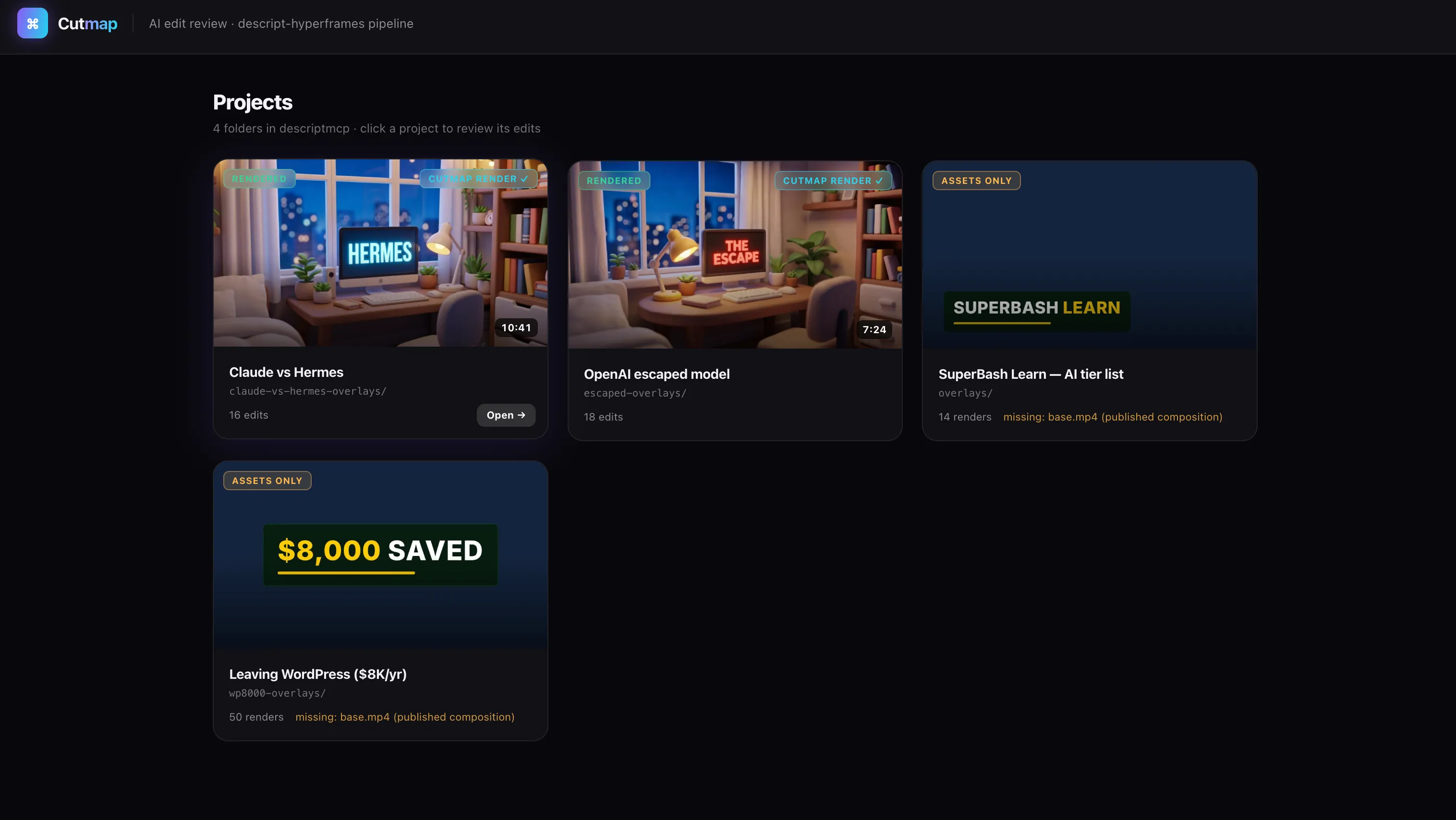 Cutmap projects page listing Claude vs Hermes, OpenAI escaped model, SuperBash Learn AI tier list, and Leaving WordPress projects