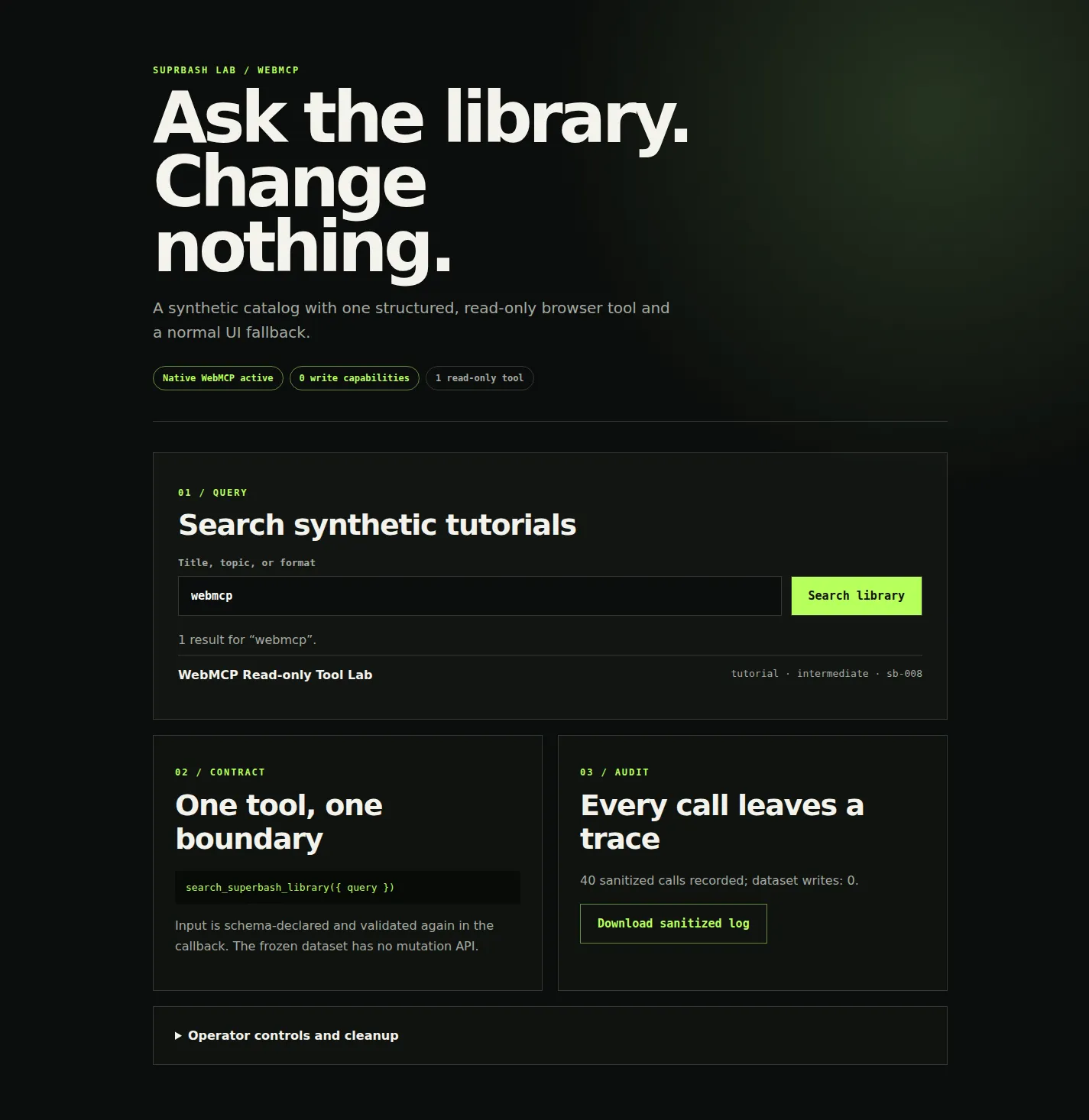 Dark desktop interface for a synthetic tutorial library showing one active read-only WebMCP tool, zero write capabilities, and one search result