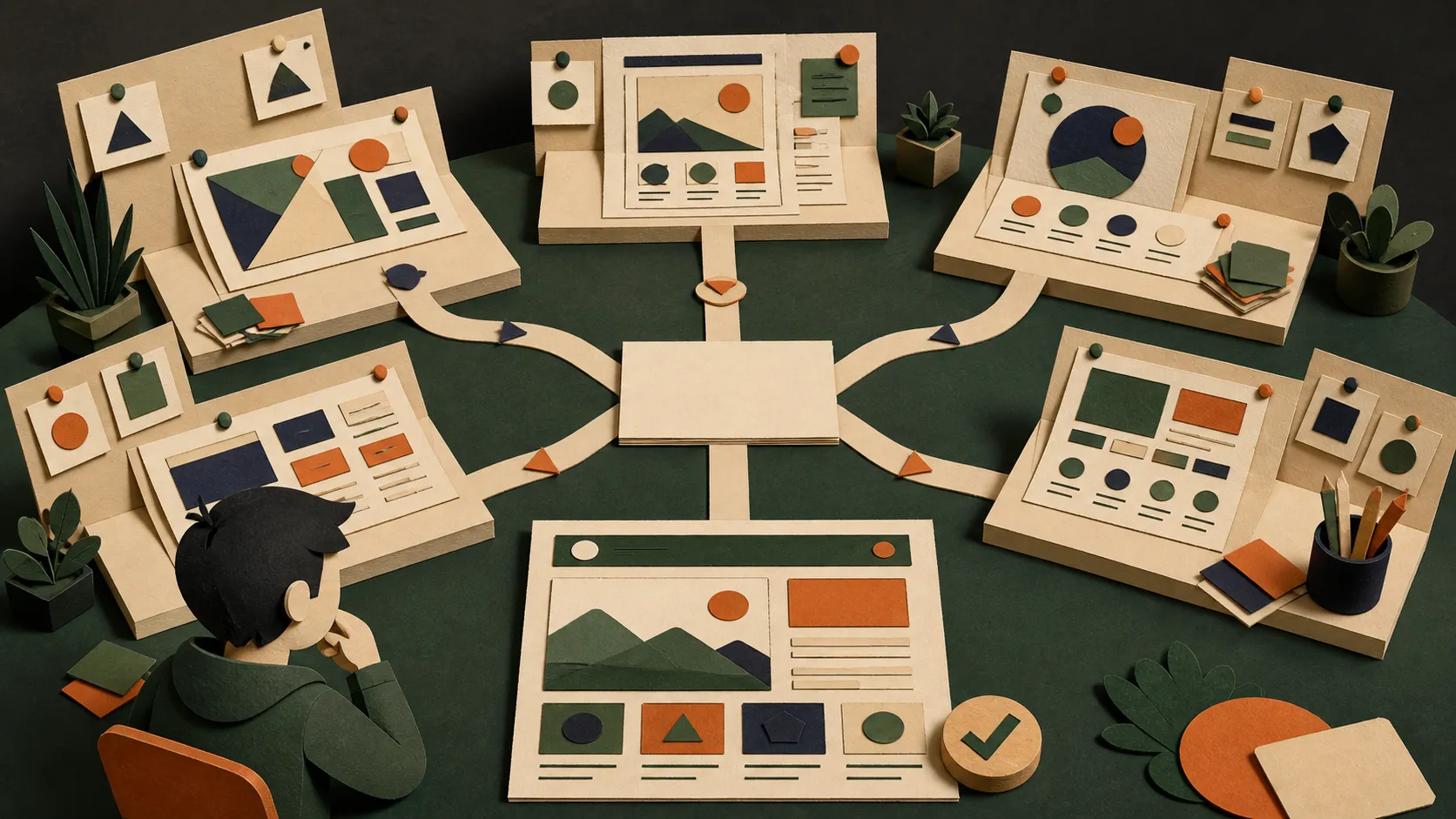 Hand-cut paper diorama of one design brief branching to five separate website layout worktables, then converging on a selected layout.