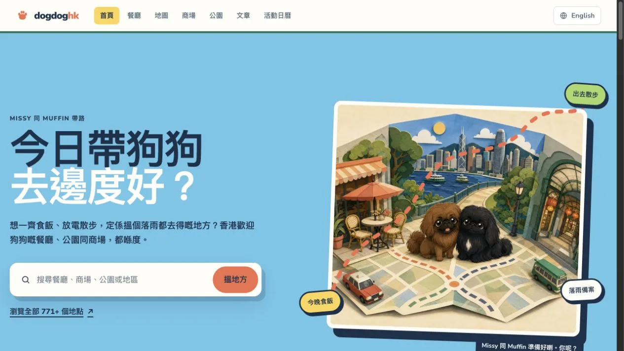 Live DogDogHK Traditional Chinese homepage showing its search field and Hong Kong outing guide