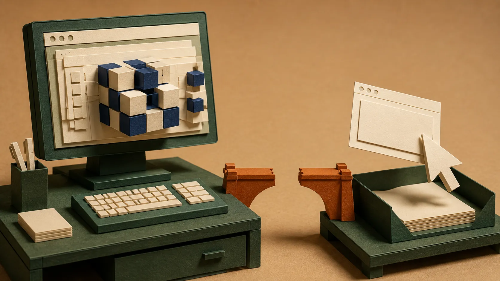 Hand-cut paper computer with a cube puzzle and app panes, facing an unfinished bridge to a delivery tray