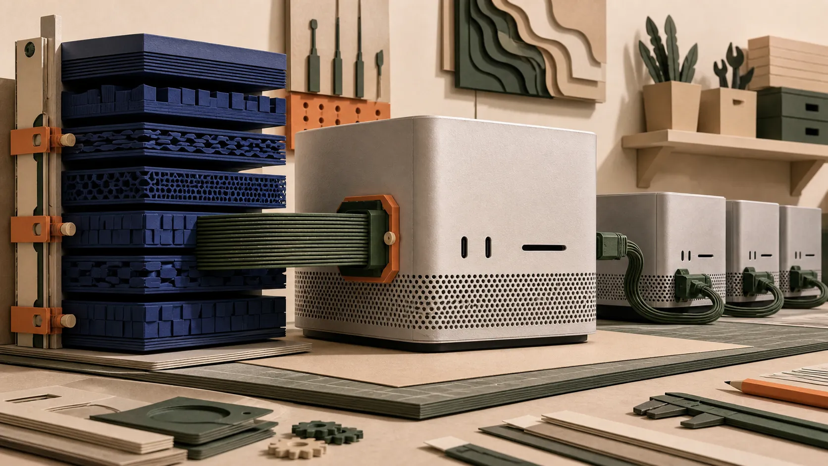 Hand-cut paper Mac Studio loading a very large local AI model stack while three additional Studios connect through physical cables