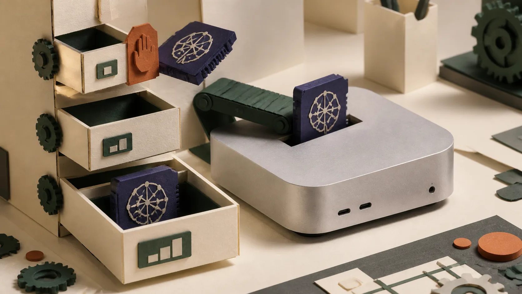Hand-cut paper Mac mini testing small and medium local AI model cartridges against three progressively larger memory drawers