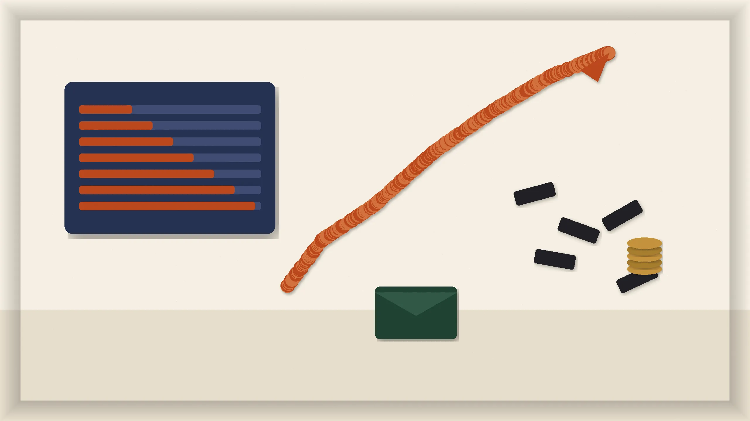 Paper-cut scene of a bond ledger with rising orange buyback bars, a climbing ribbon, and falling charcoal short chips