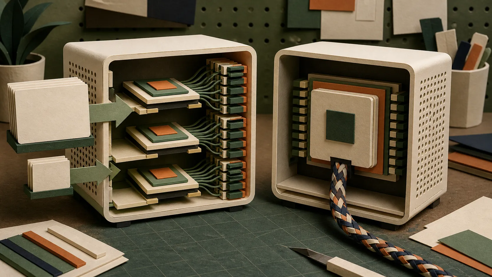 Paper diorama comparing a three-layer local AI computer with a unified-memory AI workstation