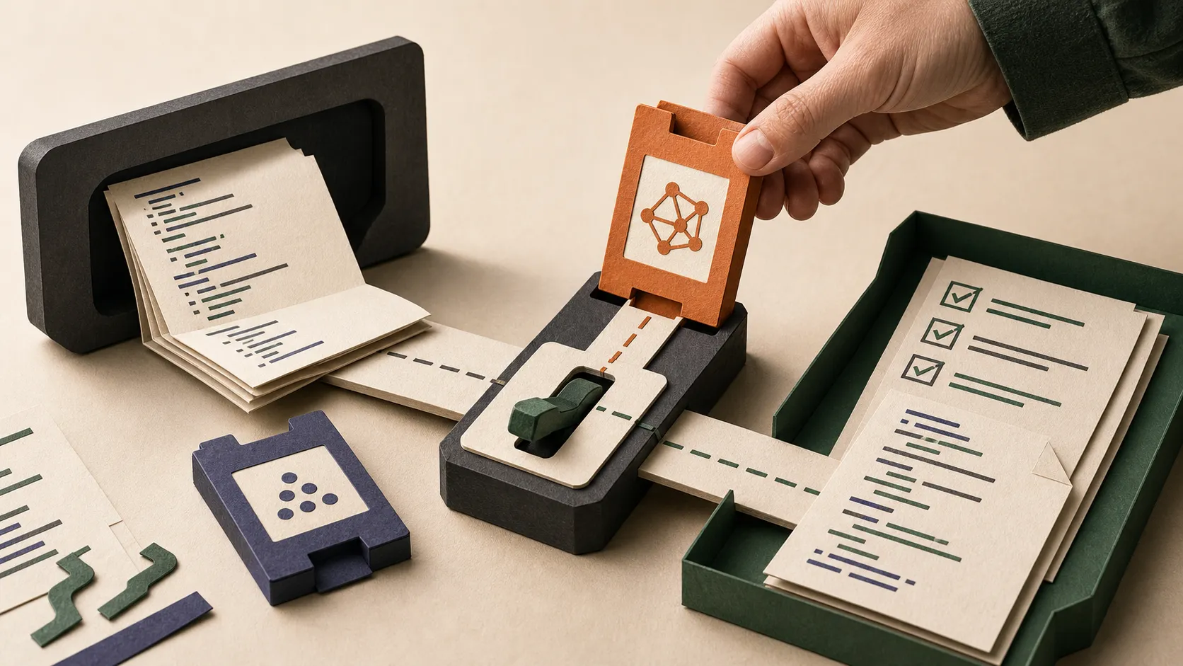 Paper-cut coding workspace with a hand inserting an orange model cartridge into a provider switch before reviewed output reaches a green tray