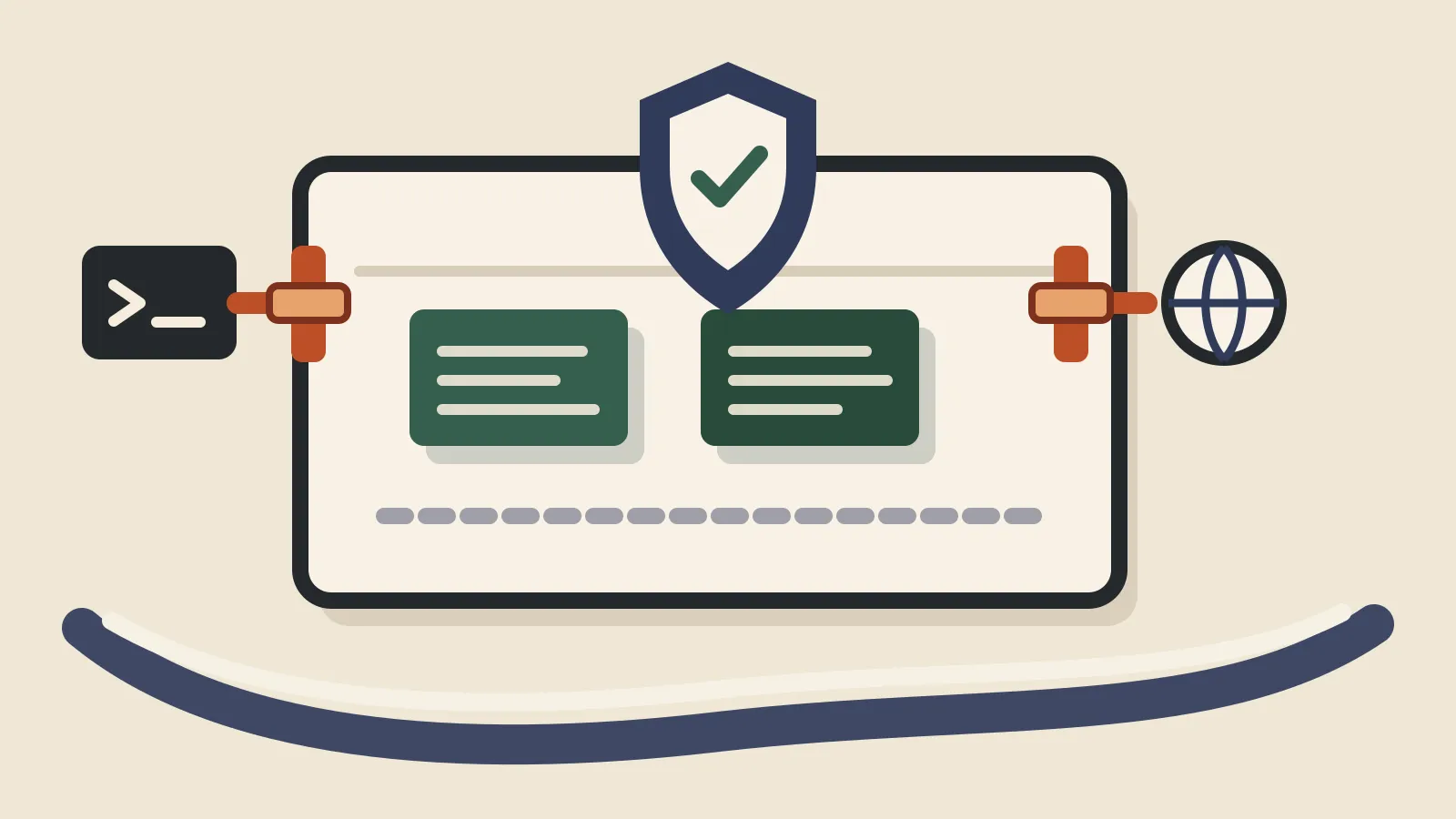 Paper-cut workspace with file cards inside a boundary and closed command and web-fetch gates