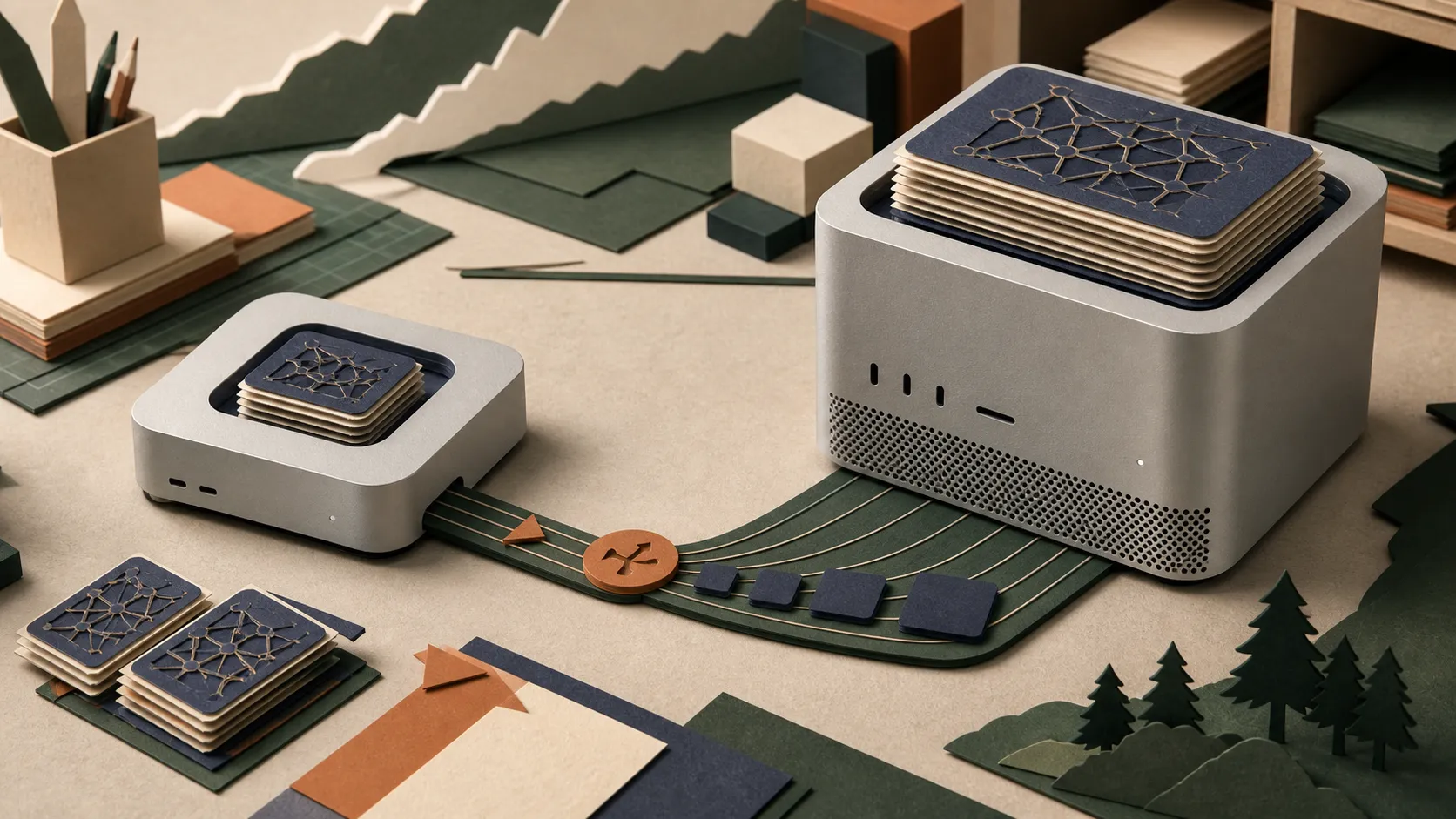 Hand-cut paper Mac mini and taller Mac Studio sorting small and very large local AI model stacks through different-width memory tracks