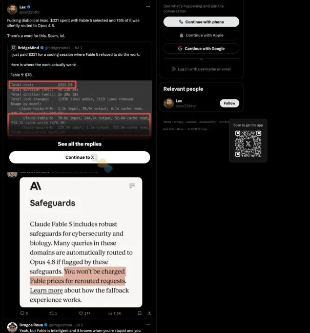 X post sharing a user-reported 321 dollar Fable 5 coding session with a claimed 242 dollars routed to Opus 4.8