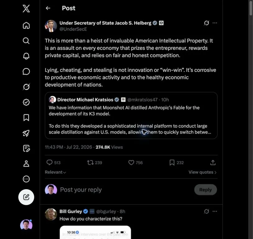 Screenshot of Under Secretary of State Jacob Helberg calling the alleged Kimi K3 distillation a heist