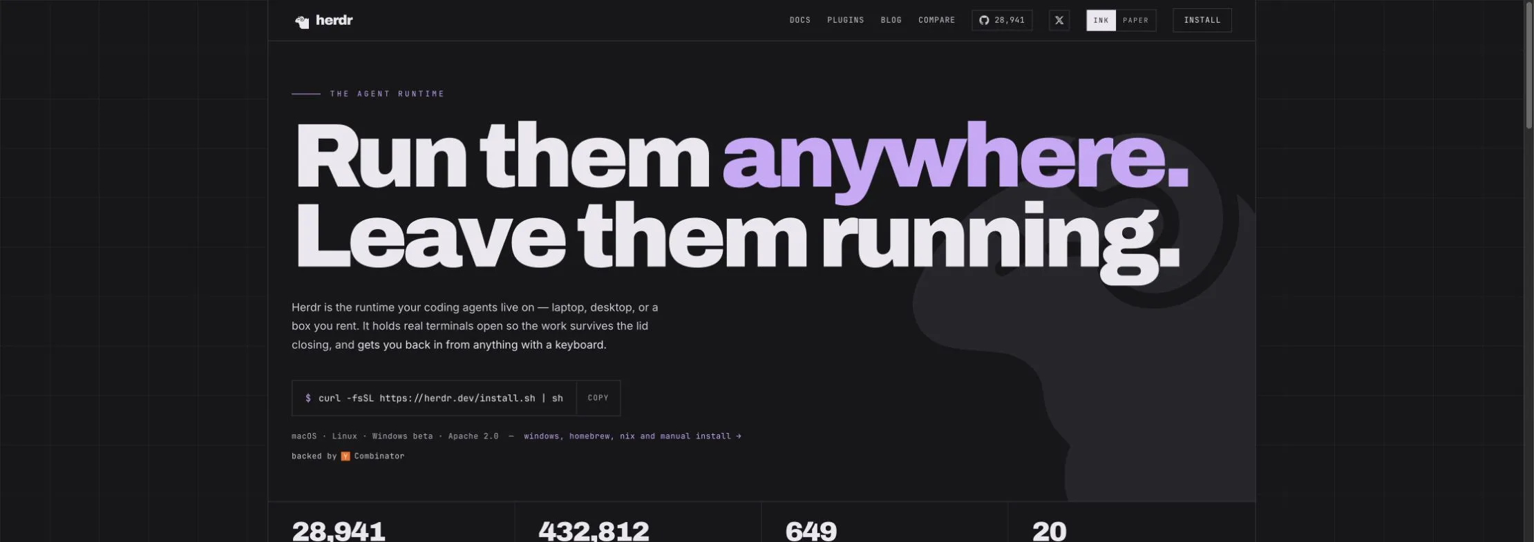 Official Herdr homepage showing the install command and a multi-workspace terminal demonstration