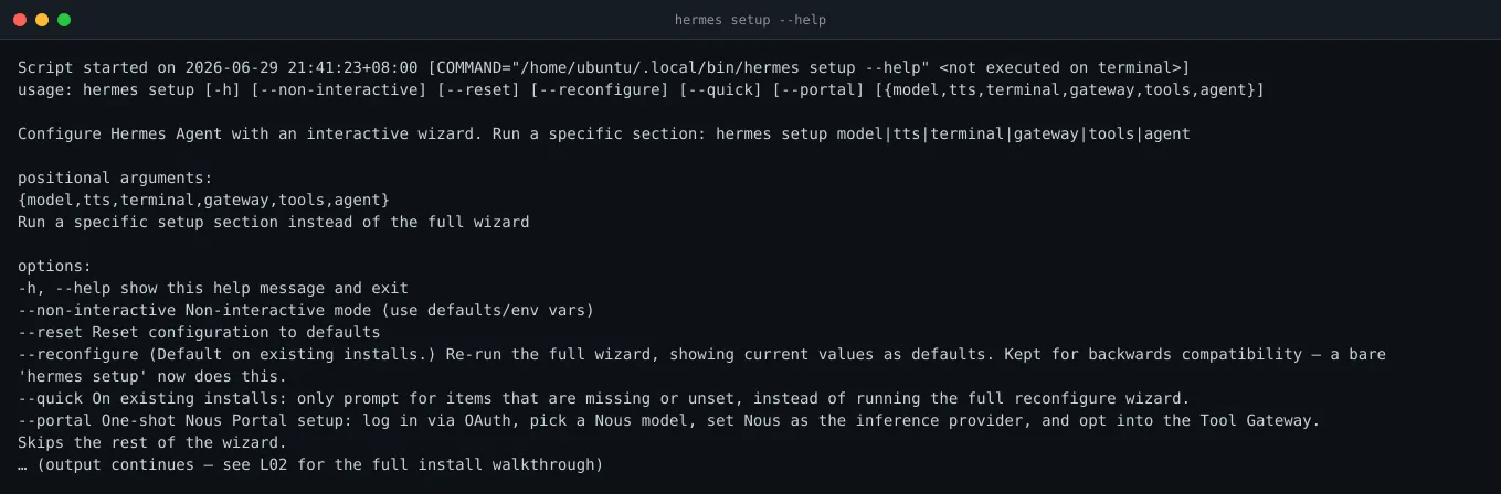 Output of hermes setup --help showing six sub-sections: model, tts, terminal, gateway, tools, agent