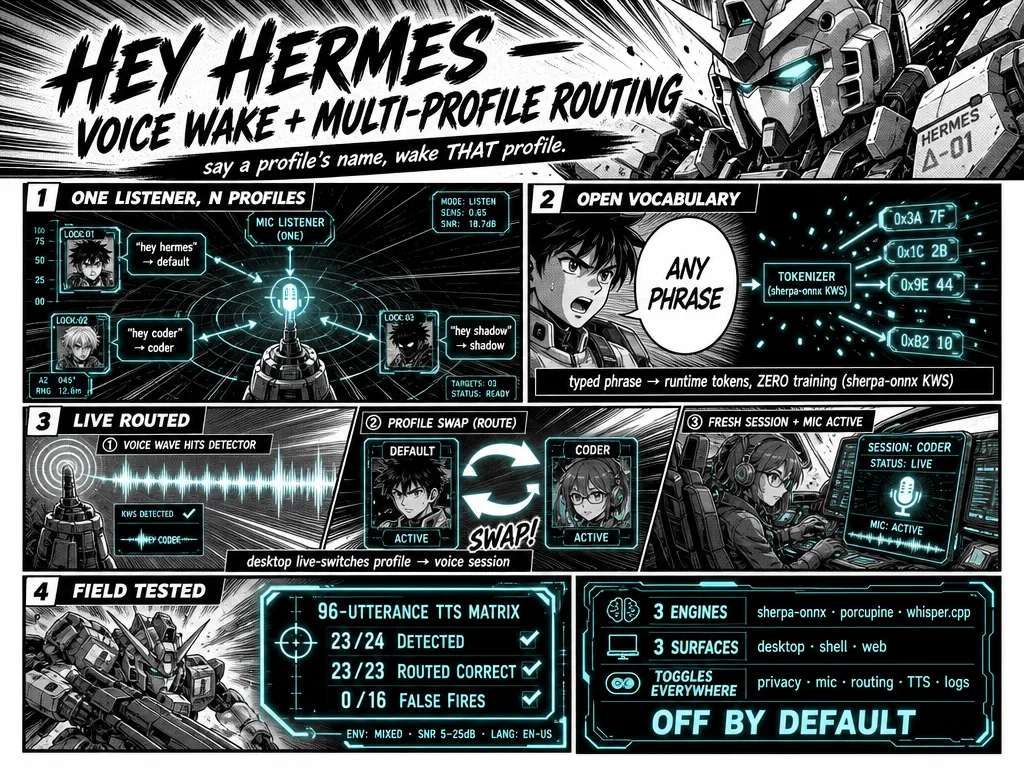 Maintainer infographic illustrating Hermes wake words, open-vocabulary phrase detection, and multi-profile routing