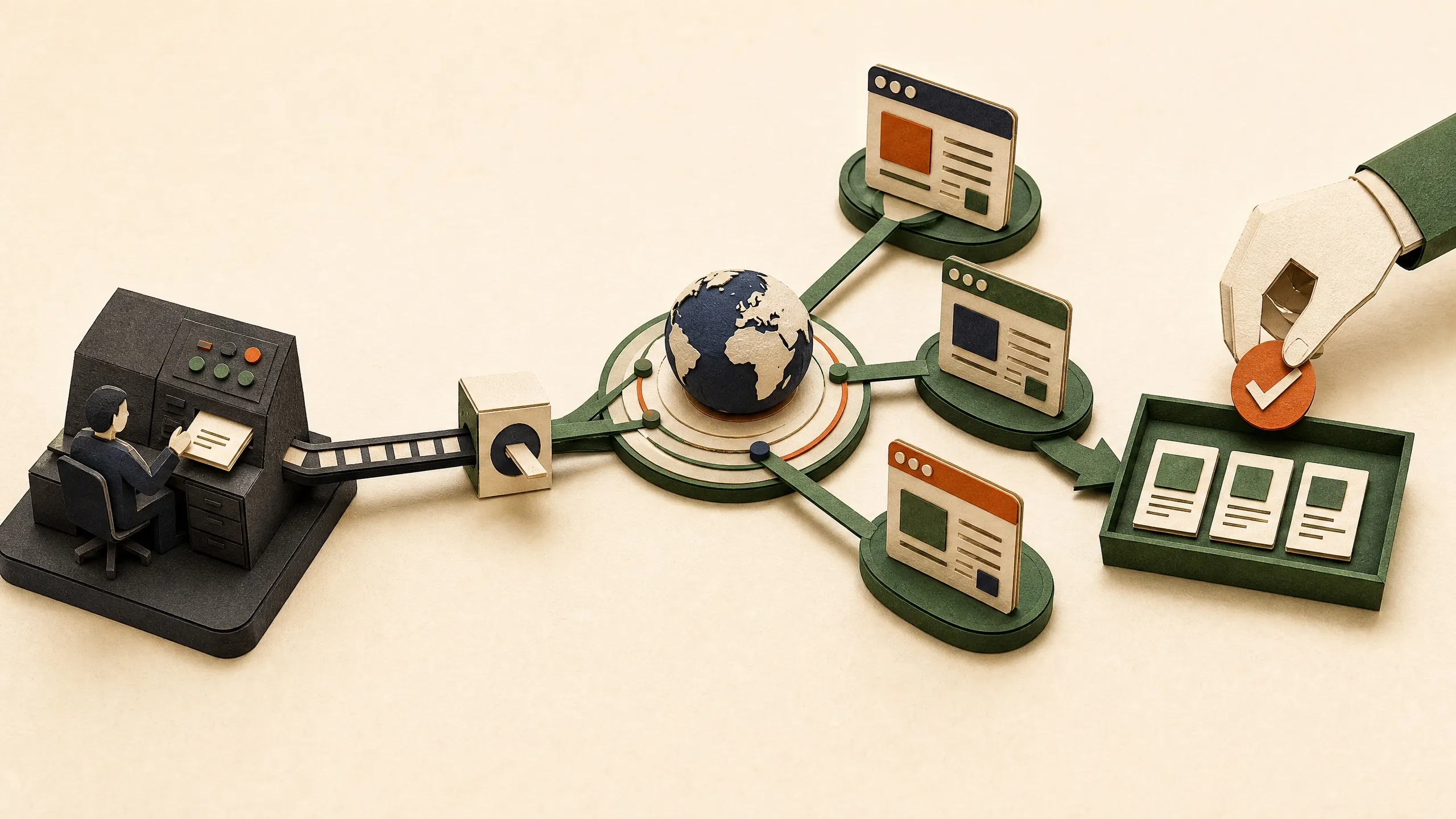 Hand-cut paper diagram of a web page moving through a Decodo MCP bridge into an AI agent and a verified research table.