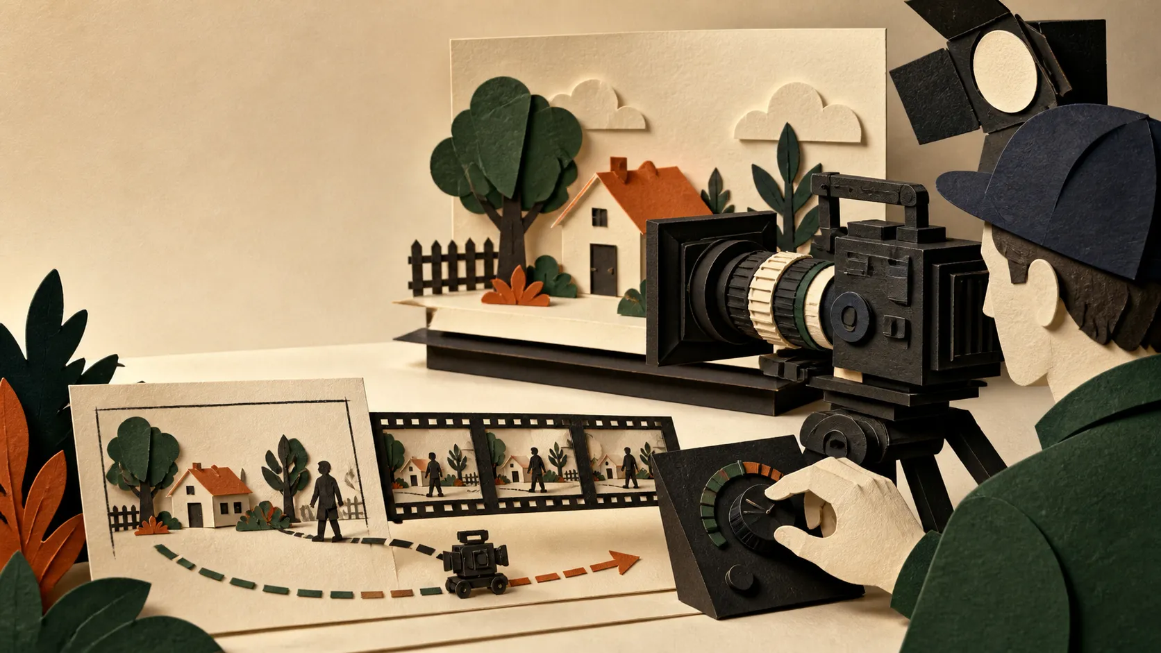 A hand-cut paper filmmaker uses a virtual cinema camera, shot-planning board, and motion dial to turn one storyboard into a film sequence.