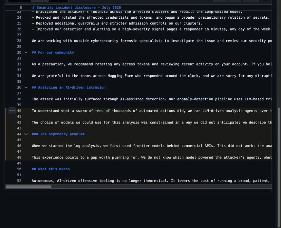 Highlighted lines in Hugging Face's incident report describing 17,000 attack events and the failure of hosted-model guardrails during forensic analysis