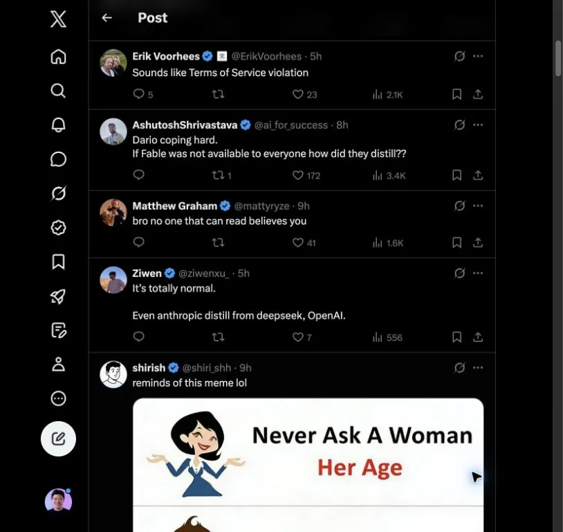 Screenshot of X replies mocking the Kimi K3 distillation accusation