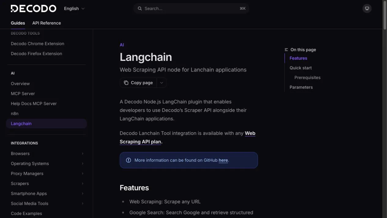 Official Decodo LangChain guide showing the Node.js plugin, quick start, parameters, and supported Web, Google, Amazon, and Reddit tools.