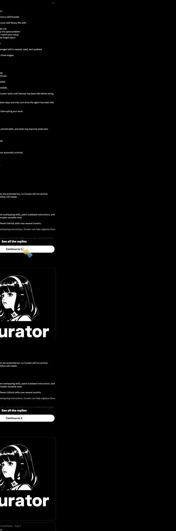 Screenshot of Luke The Dev's August 20, 2026 X post explaining the Hermes Curator command, its active-to-stale-to-archived lifecycle, pinning, recovery, and optional consolidation