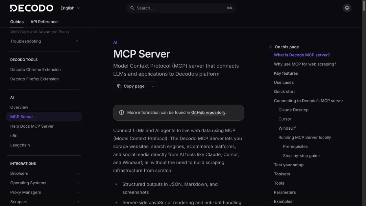 Official Decodo MCP Server documentation showing its purpose, supported data types, and navigation for client setup and toolsets.