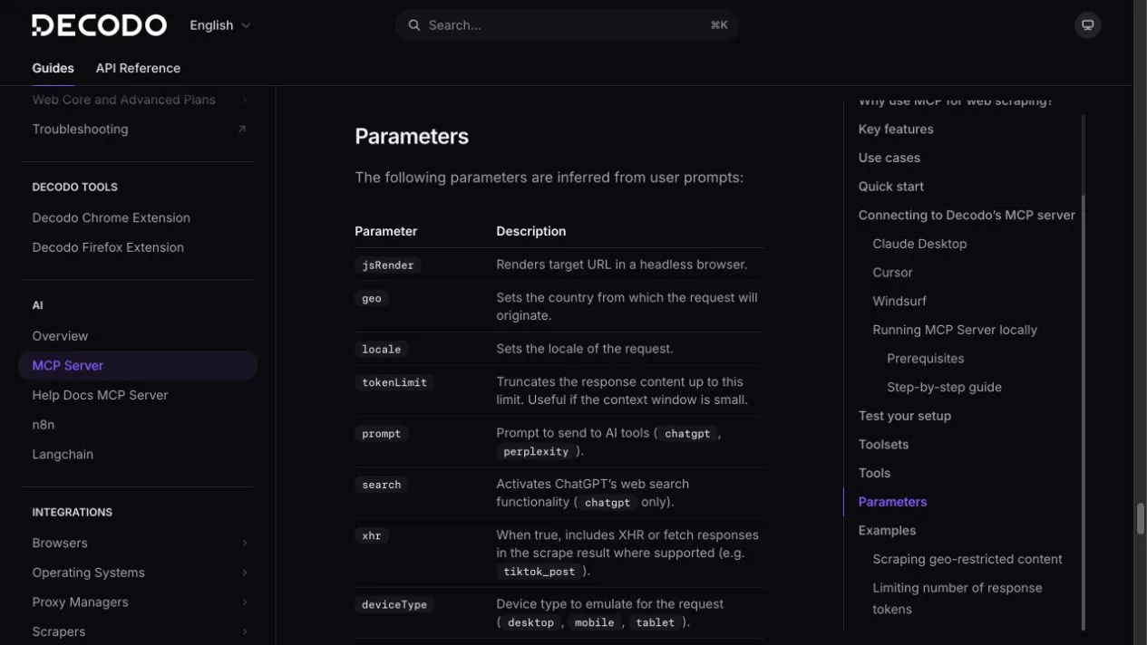 Official Decodo MCP documentation table listing JavaScript rendering, geography, locale, token limit, search, XHR, and device parameters.